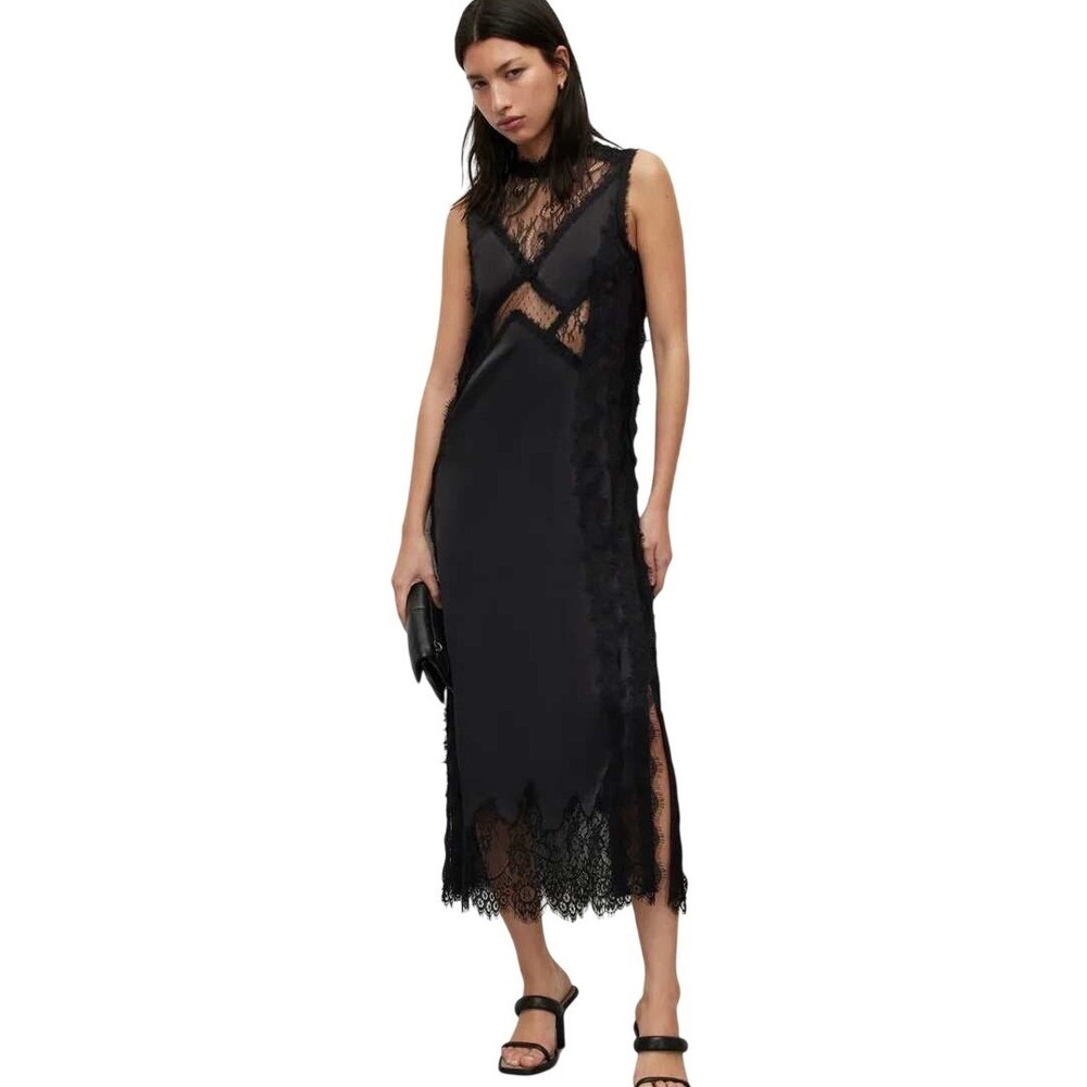 AllSaints Black Lace Leopard Devore Women Midi Dress Sleeveless High Neck US XS - Picture 1 of 15